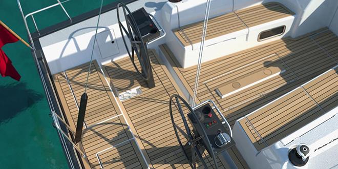 New helm pedestals and instrument boxes with integrated grab rails. © X-Yachts